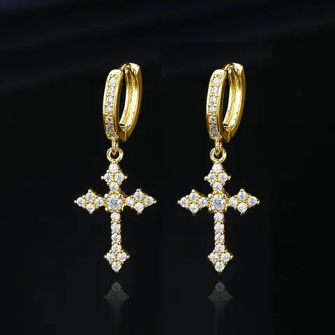 Unisex 2-Pair Gold Plated Cross Hoop Earrings Set - 0.4 Inches, Cross Pendant, Cubic Zirconia, Hypoallergenic, Nickel-Free, High-Gloss, Casual, Retro Look, Gold Earrings Non Tarnish, Spiritual Jewelry for Adults, Daily Wear