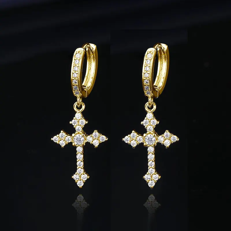 Unisex 2-Pair Gold Plated Cross Hoop Earrings Set - 0.4 Inches, Cross Pendant, Cubic Zirconia, Hypoallergenic, Nickel-Free, High-Gloss, Casual, Retro Look, Gold Earrings Non Tarnish, Spiritual Jewelry for Adults, Daily Wear