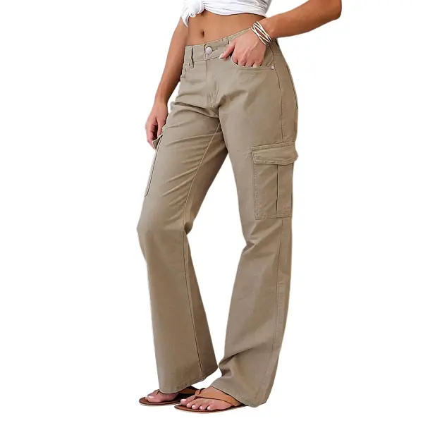 Flamingals Solid Flap Pocket Mid Rise Straight Leg Pants Womenswear Stretchy 29.9" Inseam