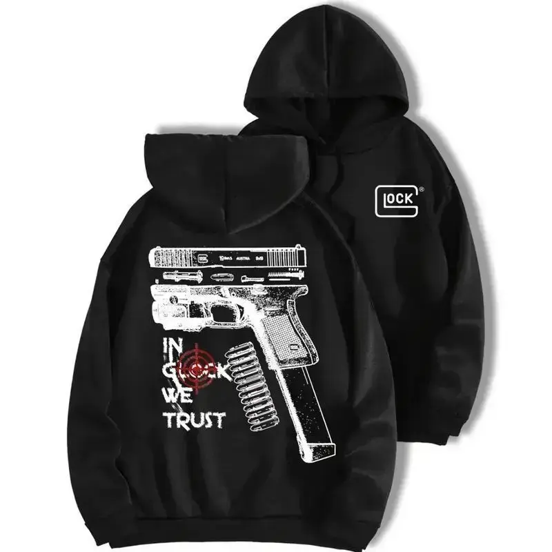 [Sale Up To 60%] Men's Fitted Long Sleeve Pullover Hoodie - "Glock We Trust" Black, Autumn Winter Casual Menswear Sweatshirt, Comfortable Mens Clothing, Holiday Gift Option