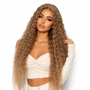 Summervibes Noble 36 Inch Long Curly Synthetic Lace Front Wigs Pre Plucked With Baby Hair Bang Loose Body Wig Curtain Bangs Wig,summervibes