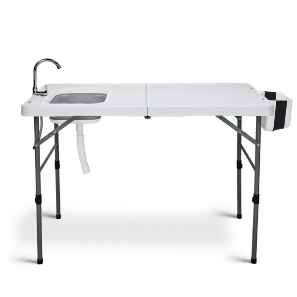 50" Folding Fish Cleaning Table with Sink, Bi-Folding Portable Camping Sink Station with Drain Hose, Trash Can, Foldable Outdoor Sink for Camping, Fishing, BBQ