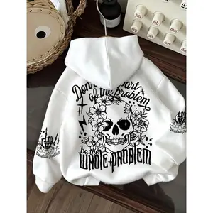 Floral Halloween Skull Hoodie, Loose-Fit Korean Style Pullover, Autumn & Winter Thick Fabric, Multiple Colors Available (gift)