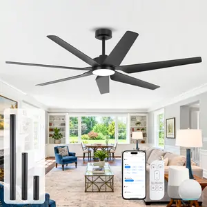 65 Inch All-Weather Outdoor Ceiling Fan for Patio Porch Backyard wet-rated, High CFM Smart Alexa/App Control Ceiling Fan with Light and Remote,Energy Efficient & Quiet DC Motor, 7 Large Black Waterproof Blade for Patio, Porch, Garage