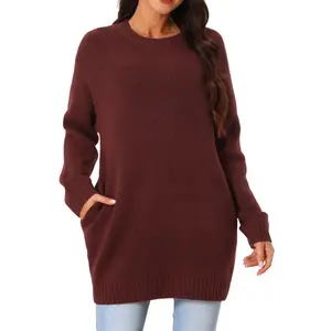 Seta T Women's Fall Winter Round Neck Long Sleeve Casual Tunic Sweater with Pockets Wine Red X-Large
