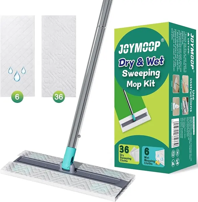 JOYMOOP Hands Free Multi Purpose Flat Mop, Dust Mop for Pet Hair and Floor, 36 Dry + 6 Wet Refills, Turquoise-Cyan & Muted Grey