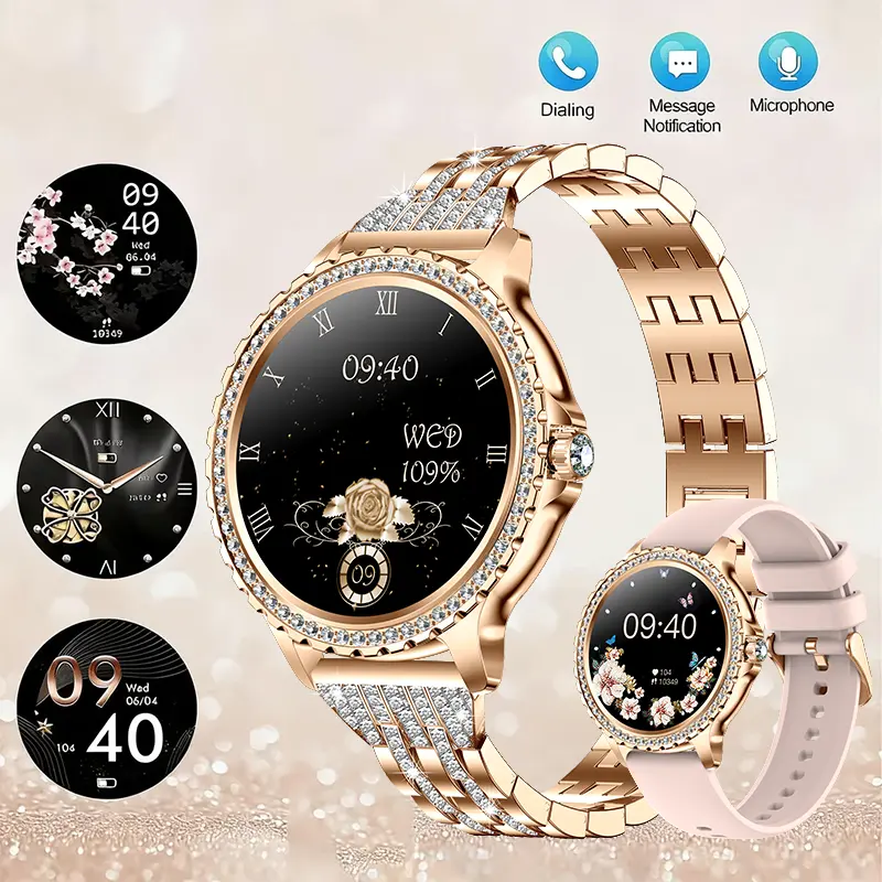 2026 New Rose Gold Smart Watch for Women with Diamond Dial and Strap, IP68 Waterproof Women’s Smart Watch, 1.32” HD Touchscreen, Bluetooth Call, Sleep Tracker, Step Counter, 100+ Sport Modes, Extra Strap