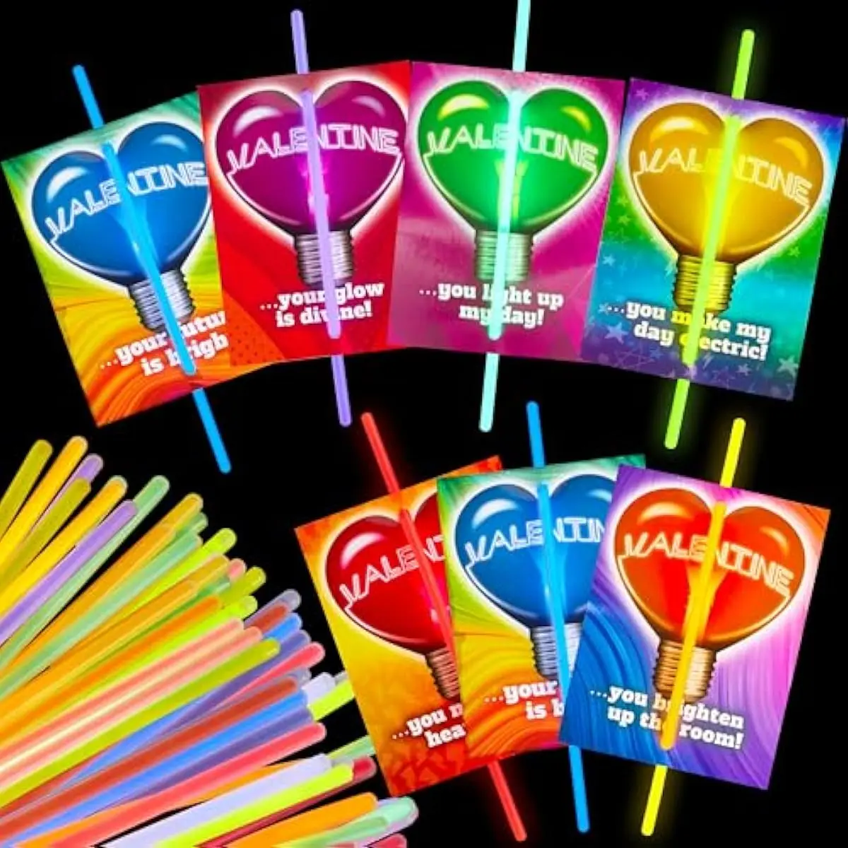 36 Packs Neon Valentines Day Gift Cards with Glow Stick Bracelets, Glow in the dark Necklaces for Valentine's Party Favor, Valentine Classroom Exchange Cards, Valentine School Prize