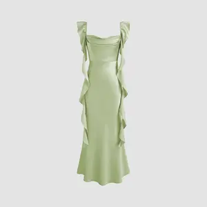 Cider Satin Cowl Neck Solid Ruffle Hem Maxi Dress Dealsforyou