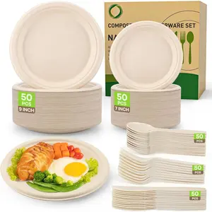 Compostable Paper Plates Set, 250 count Disposable Heavy-Duty Sugarcane Plate and  Utensil  Dinnerware Plates, Extra Long Forks &  & Spoons for Party