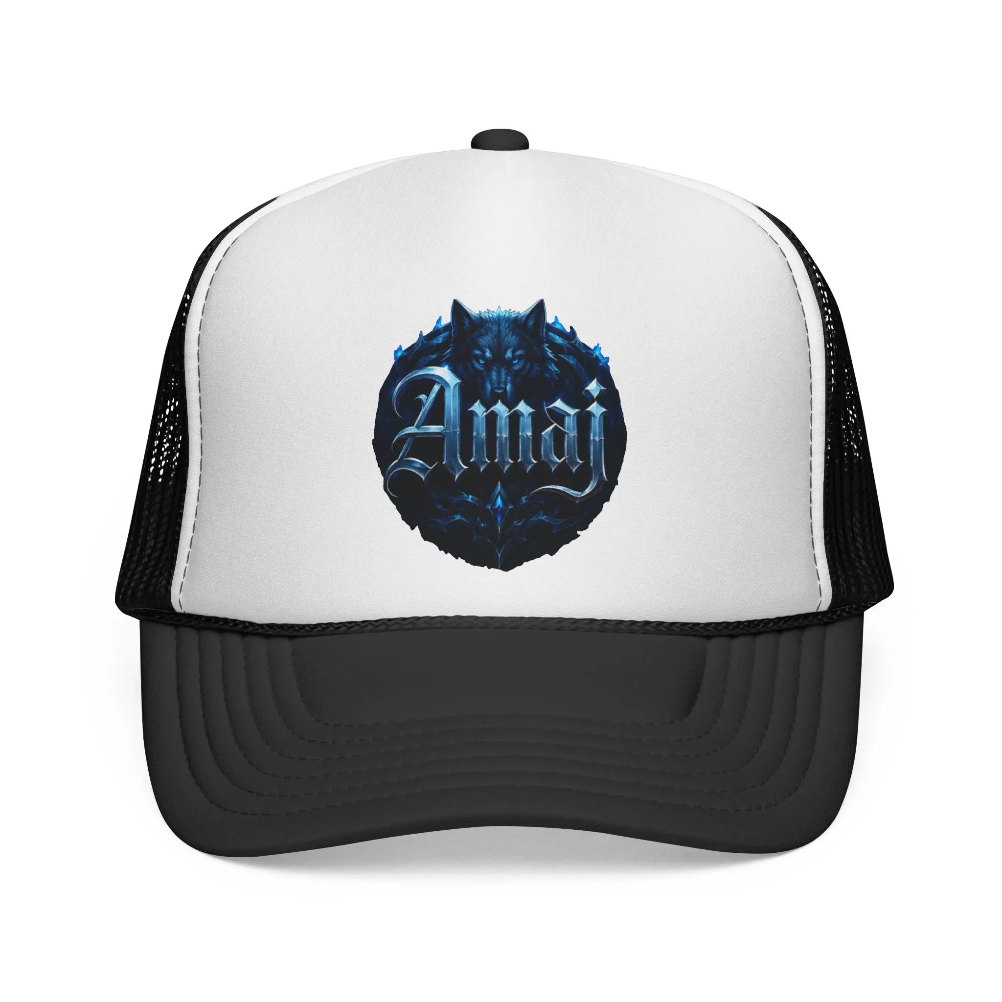 Blue Wolf Emblem Trucker Cap | Gothic Script