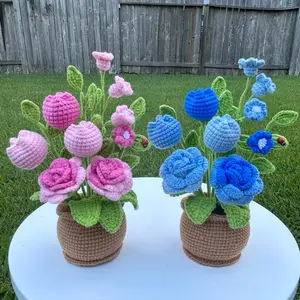 Crochet Flowers In Pot - Pink Crochet Flower, Floral Design, Green Leaf Accents, Versatile Decorative Flower Arrangement wild Handmade eternal Cotton Gift Blue
