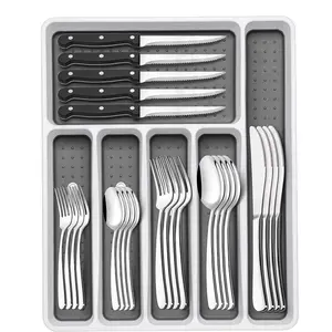 49-Piece Silverware Set with Organizer - Heavy Duty Stainless Steel, Includes 8 Cutlery Utensils, Chef's Knife, Rust-Proof Steak Tableware Sturdy