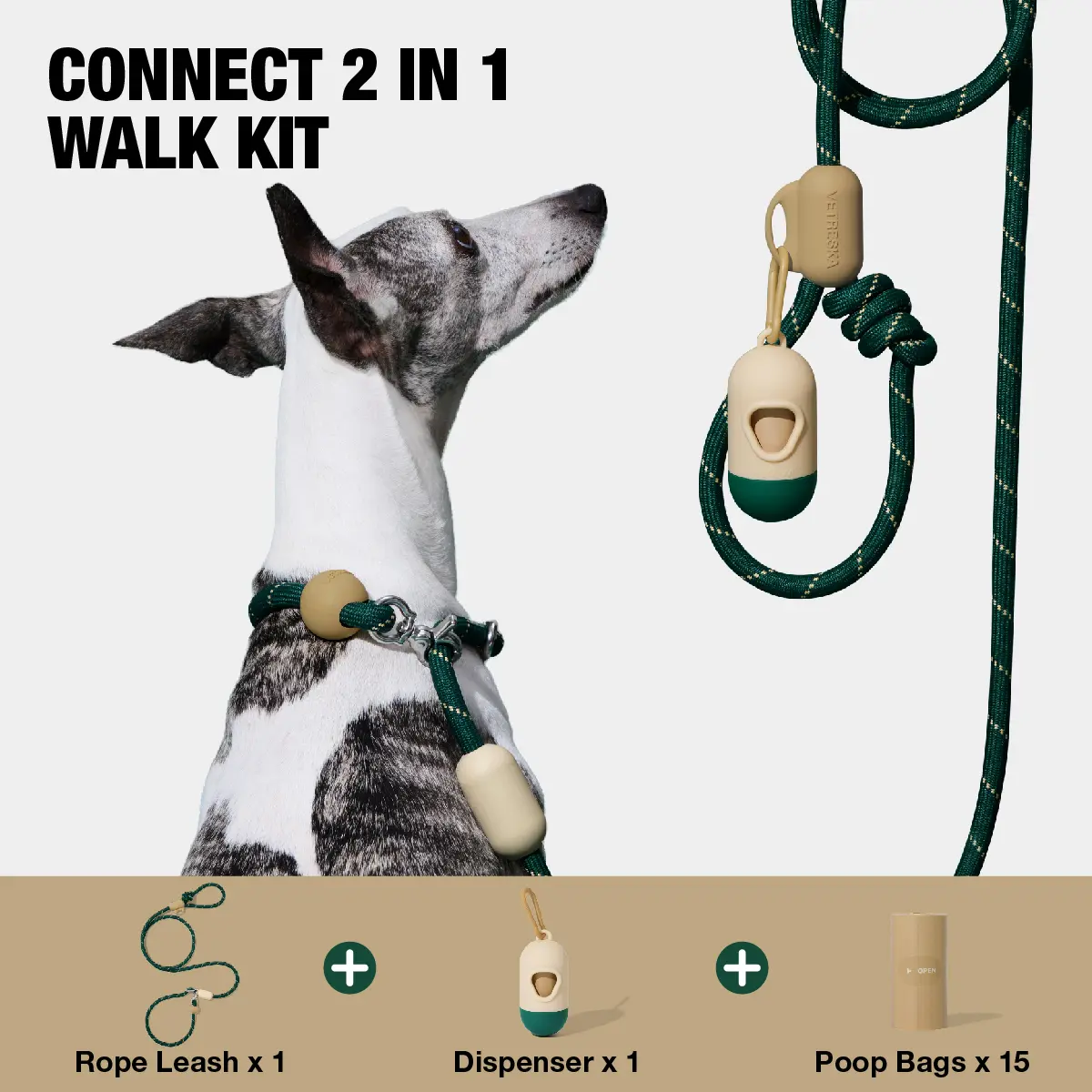 VETRESKA Hands-Free Dog Leash, 8FT Adjustable Rope Leash for Medium Large Dogs, Waist/Crossbody Slip Lead Leashes for Walking, No Pull Dog Leashes with Bag Dispenser, 2 in 1 Walk Kit