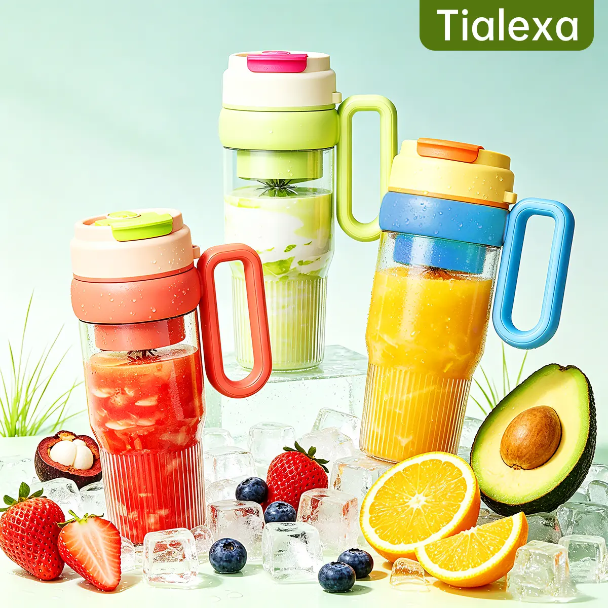 Tialexa Rechargeable Portable High Performance Food Blender - 34oz BPA-Free Handle Cup, Blender Bottle, 22000RPM Ice-Crushing Blades, USB-C Charging, Leakproof Sip Lid, Auto Reverse Blending, Compact, Cup Holder-Fit for On-the-Go Beverages, Protein Shakes
