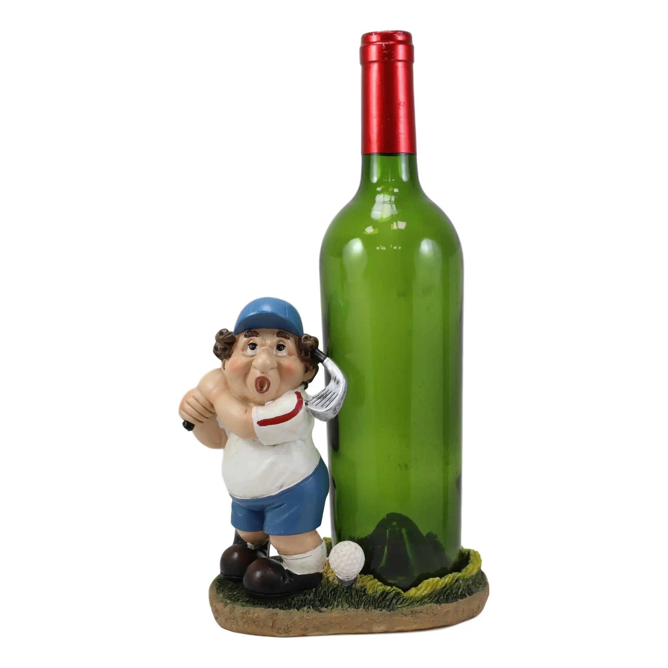 Cartoon Fat Golfer At Golf Driving Range Swinging Club Wine Holder Figurine