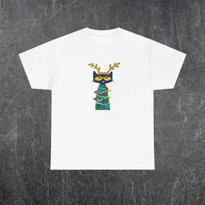 Pete The Cat Christmas Tree Tee Casual Classic Cotton Vintage Oversized Menswear Graphic T-Shirt