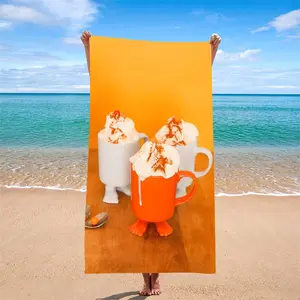 Cute Foot Cup Cream Beach Towel, Cure Series Coffee Cup Print, Quick-Dry Bath Towel, Reusable, Perfect for Beach Vacation
