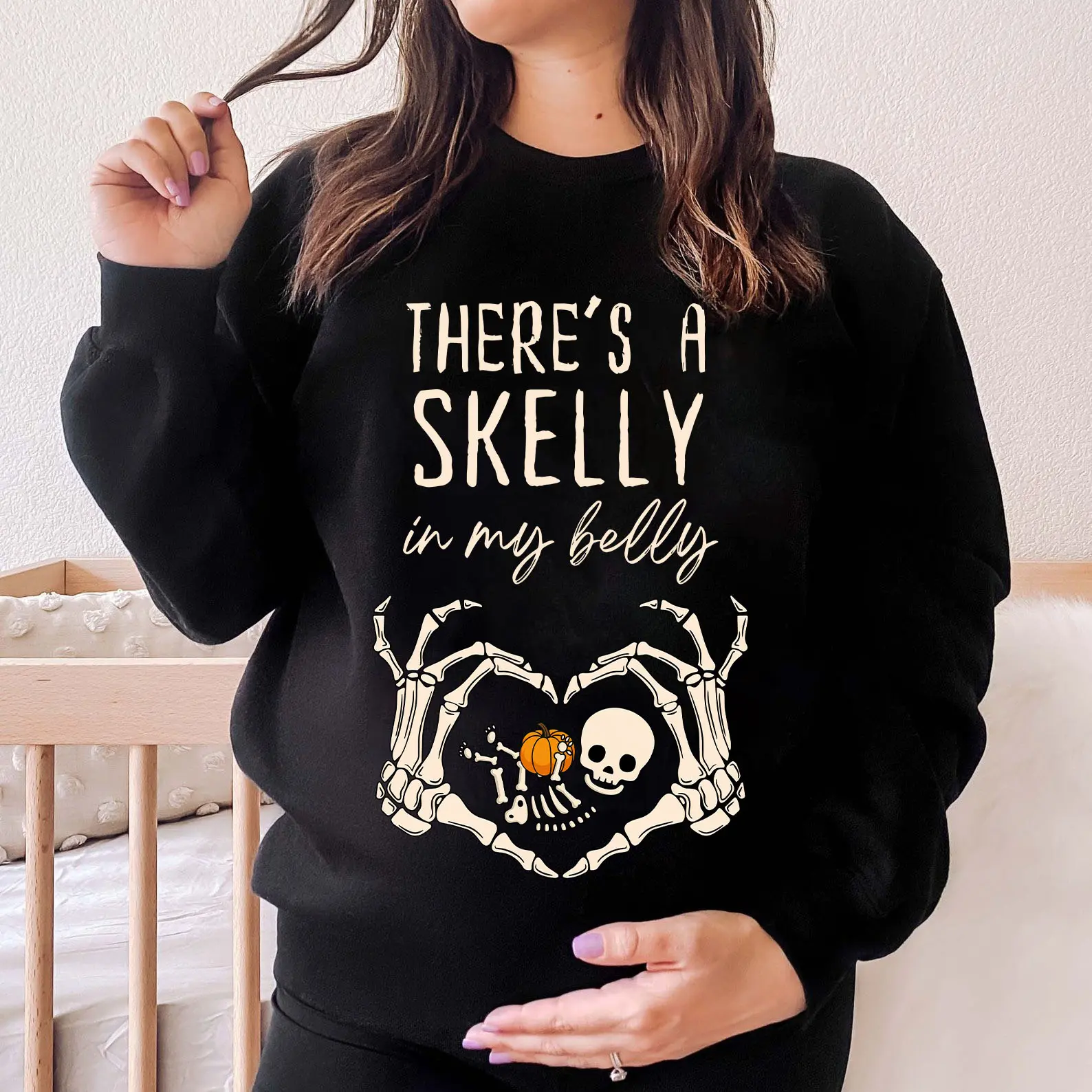 Pregnancy Announcement Halloween Sweatshirt, Pregnant Skeleton T-shirt, Halloween Maternity Shirt, Fall Pregnancy Crewneck, Pregnancy Reveal Shirt
