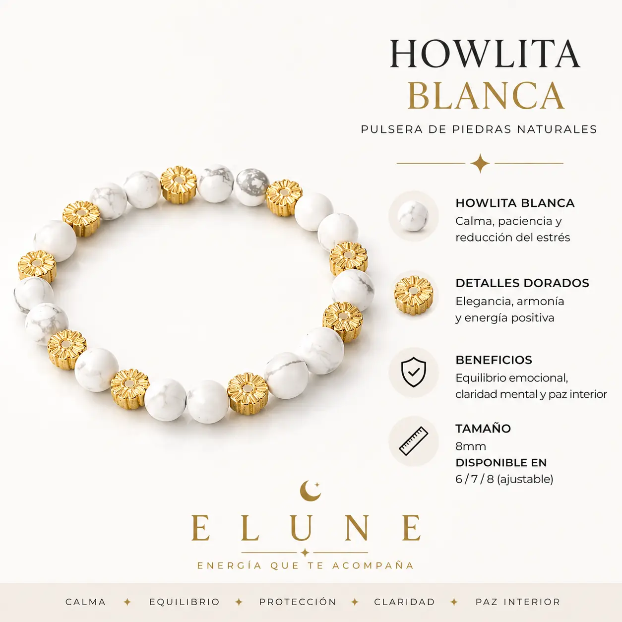 Unisex 6 mm Natural White Howlite Crystal Beaded Bracelet - 6 in Adjustable Stretch Jewelry with Gold Accents for Adults, Daily Wear, Stress Relief & Emotional Balance (Small Ball Choking Hazard Note), Adjustable Bracelets, Natural Crystal