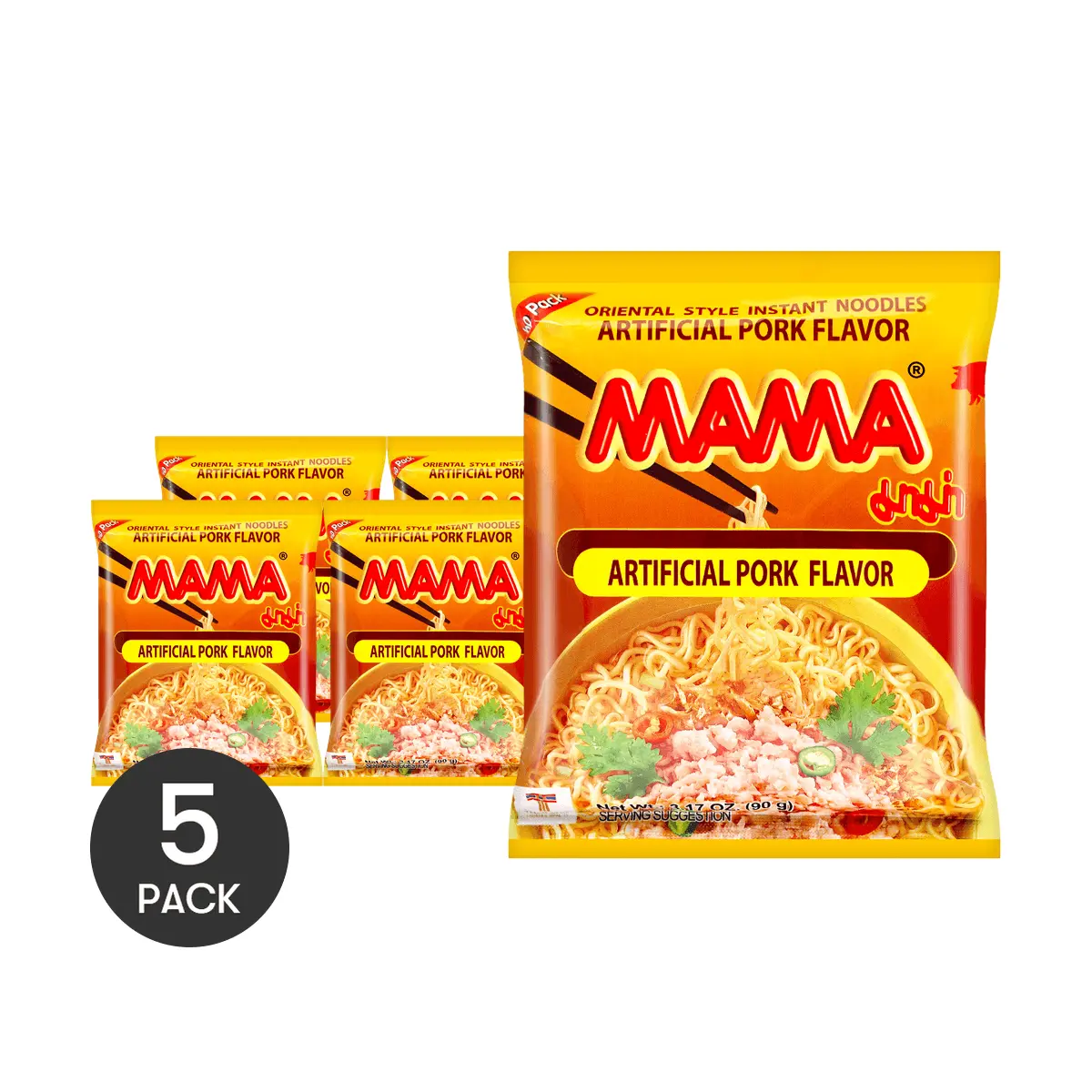 5 Pack MAMA Thai Instant Noodles Pork Flavor 3.17 oz - Authentic Ramen, Classic Asian Comfort Food