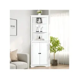 Indoor furniture  VOWNER Curved Storage 63.8 Tall Freestanding Bookcase With Doors Adjustable Shees 5 Tier Corner Display Cabinet For Living Room Bathroom Distressed White
