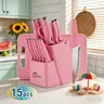 15-Piece German-Style Premium Stainless Steel Knives Set, Kitchenware with On-Block Sharpener, 3 Serrated Steak Knives, Durable Rustproof Blades, Washable Handles, Plastic Milky White/Black/Pink Options, Home Kitchen Cutting Tool