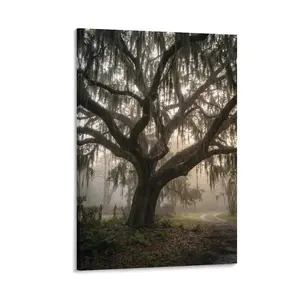 1pc Frameless Canvas Print, Misty Old Oak Tree with Spanish Moss, Serene Landscape Art, Earthy Tones Wall Decor for Home, Living Room, Bedroom, Office, Printed Artwork