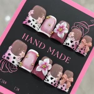 2026 Luxury Press on Nails Short Duck,Handmade Press on Nails,3D Unique Reusable ABS Material,False Nails with Designs Bow Flower Cow Print Glossy Glue on Nail Thick Acrylic Nail(M)