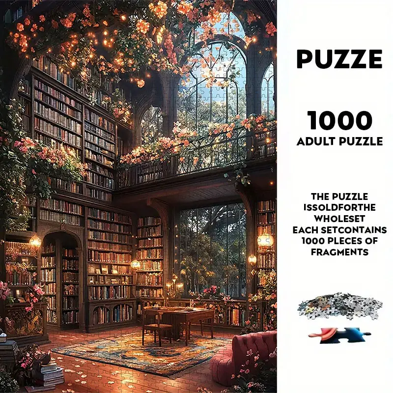 1000 Piece Large Size Paper Puzzle Set, Library Theme Unframed DIY Craft, Family Fun, Durable Seamless Design, Halloween Thanksgiving Easter Gift, Art Puzzles Gift