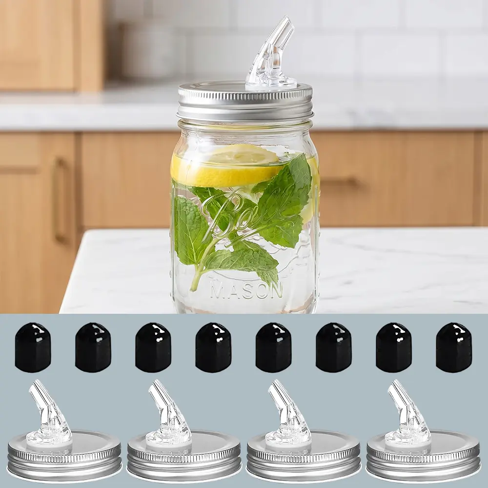 Home Supplies Festive Party Mason Jar Accessory Set - 4-Pack Silver Plastic Free Flow Pour Spouts, 8 Tinplate 70mm Regular Mouth Leakproof Rustproof Dispensing Caps, Ideal for Coffee Shop Cooking Oils, Syrups, Coconut Milk (Note: Light Compatibility), Too