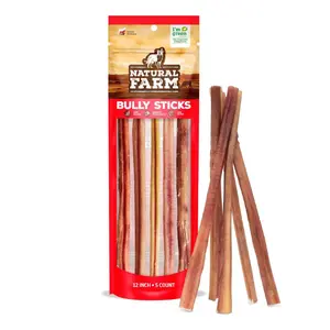 Natural Farm 12 Inch Standard Bully Sticks - 5 Count, 100% Grass-Fed Beef, Odor-Free, Fully Digestible, Supports Brain Health & Joint Health