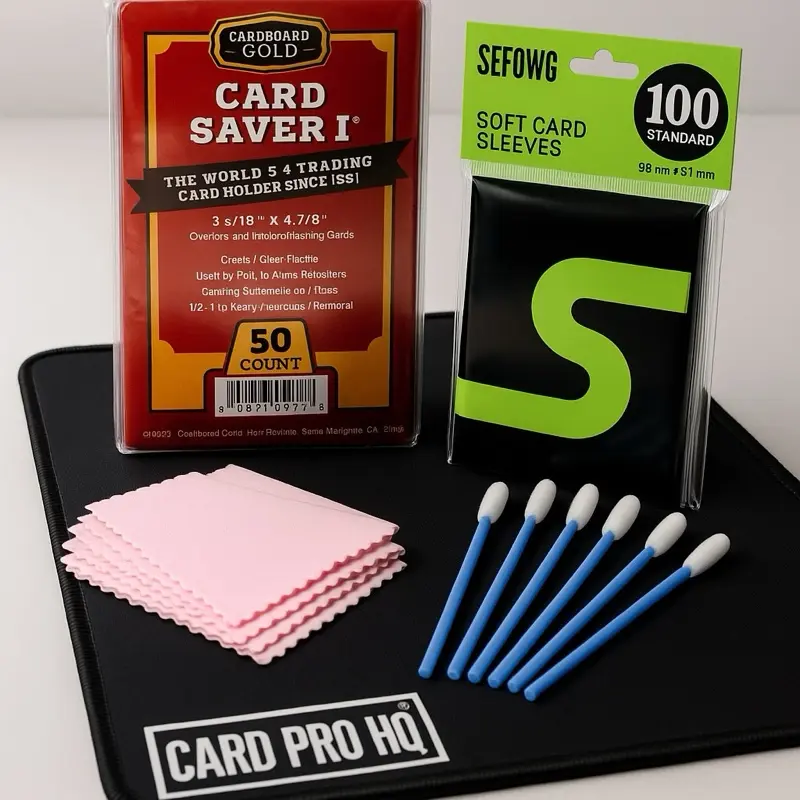 TCG Card Care Kit - Cardboard Gold: Card Saver 1 Card Holder for Sports & Trading Cards (50ct), cleaning cloths, penny sleeves, cleaning pad, perfect Pokemon, sports card cleaning / condition care - TikTok Shop TCG Card Care Kit - Cardboard Gold: Card Saver 1 Card Holder for Sports & Trading Cards (50ct), cleaning cloths, penny sleeves, cleaning pad, perfect Pokemon, sports card cleaning / condition care - TikTok Shop
