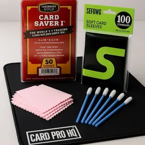 TCG Card Care Kit - Cardboard Gold: Card Saver 1 Card Holder for Sports & Trading Cards (50ct), cleaning cloths, penny sleeves, cleaning pad, perfect Pokemon, sports card cleaning / condition care