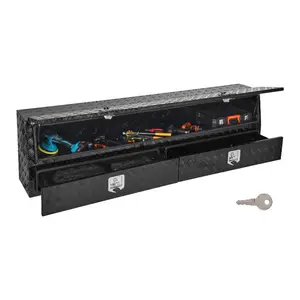 VEVOR Contractor Truck Tool Box, 81.5x 21x 13 in, Black Tread Aluminum TopSider Toolbox with Two Lower Drawers, Flip Up Door, Weather-Resistant Heavy Duty Storage Box, with Latch, for Truck Bed