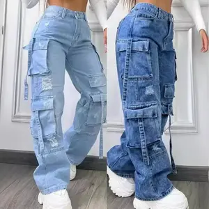 2025 New Fashionable Solid Color All-Matching plus Size High Waist Multi-Pocket Leisure Cargo Denim Trousers Women's Summer Wear Pants Baggy Jean Womenswear