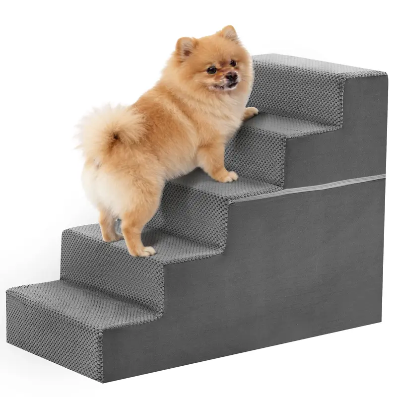 Dog Stairs Ramp for Small Dogs and Cats 5-Step Curved Pet Steps with High-Density Foam for Puppy and Older Cats Indoor Ramp Stairs for Couch High Beds Sofa Chairs Grey