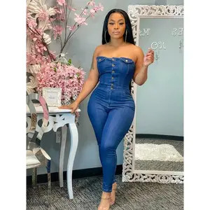 Women's Clothing Sets Summer Denim Stretch Jumpsuit Sexy Women Strapless Bodycon Blue Jeans Casual Overalls RompersGift