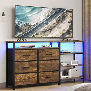 SIKAIC L-Shaped Corner TV Stand with LED Lights, Convertible 6-Drawer Dresser, Modern Wood Media Console & Storage Cabinet for Bedroom