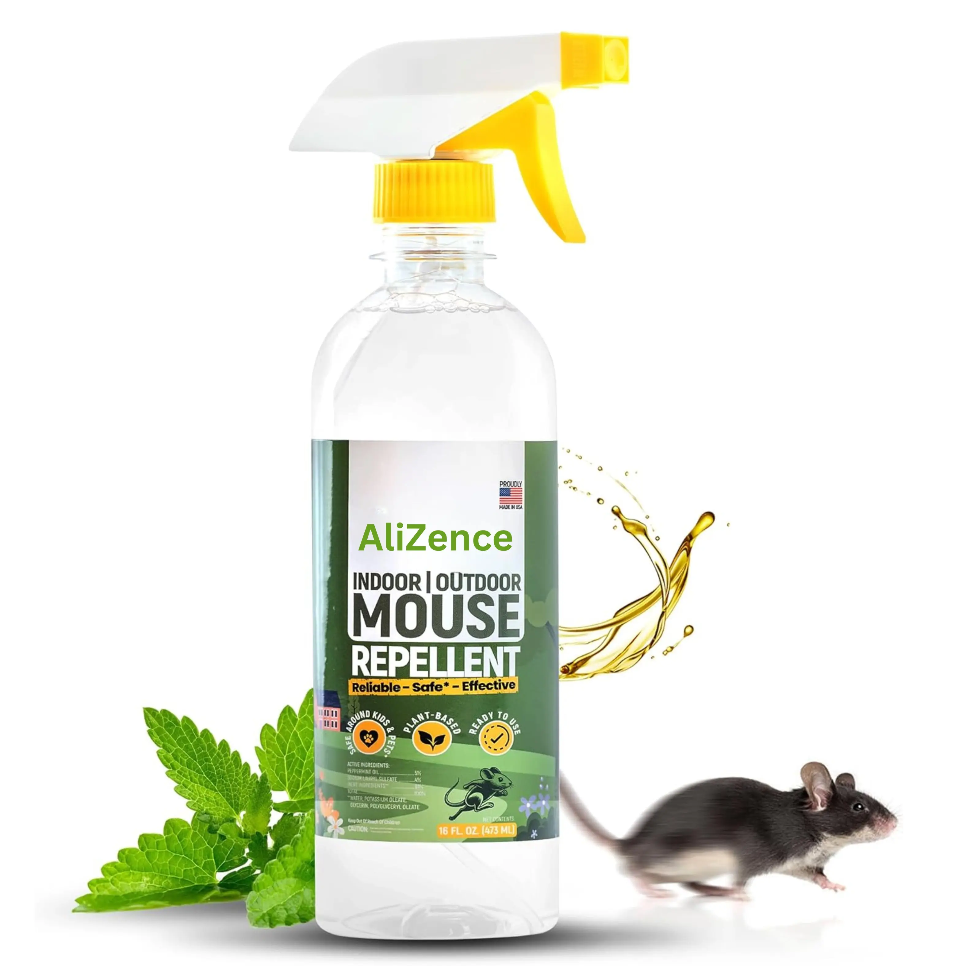 AliZence Peppermint Oil Mouse Repellent Spray - 16oz - Natural Mice Deterrent for Indoor & Outdoor Use - Pest Control for Home, Car Engines, RV - Pet Safe Pest Control - Made in USA