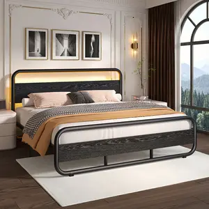 HOMBCK Twin Full Queen King Bed Frame With Manual Control LED Lights, Rustic Metal Platform Bed Frame With Headboard & Under Bed Storage, Noise-Free, Bedroom Furniture, No Box Spring Needed, Black/Brown/Grey/White
