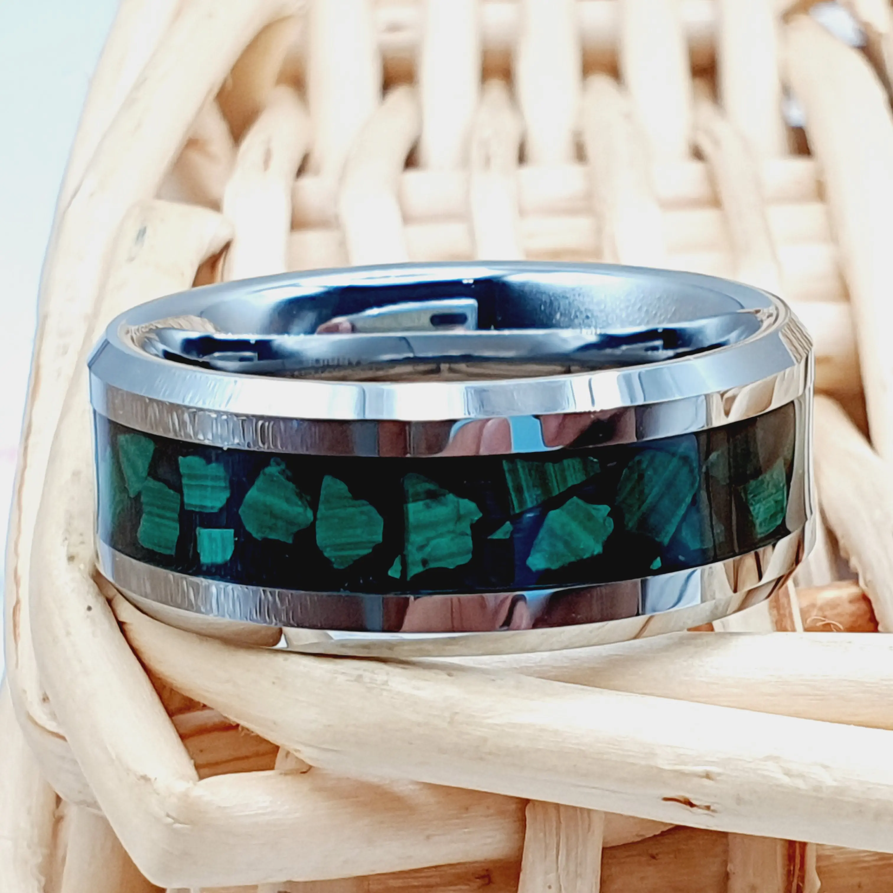 Silver Tungsten Band with Unique Malachite Mineral Stone Inlay for Men and Women - Engagement Ring