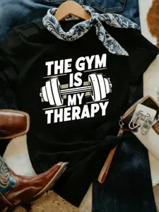The Gym Is My Therapy" Funny Workout Tee - Motivational Fitness Graphic T-Shirt, Short Sleeve Gym Statement Top, Soft Breathable Activewear for Women, Unique Fitness Gift Idea