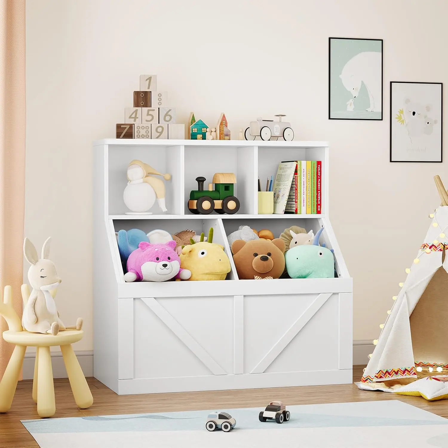 White Kids Toy Storage Organizer and Bookshelf Six Cubby Shelf with Storage Boxes Durable Safe Floor Mount Rectangular White