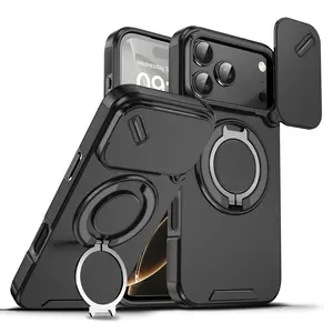 Case with Slide Camera Cover for iPhone17 16 15 14 13 12 Pro Max, Rotated Ring Kickstand Military Grade Shockproof Protective Cover Rugged Heavy Duty for Men Women