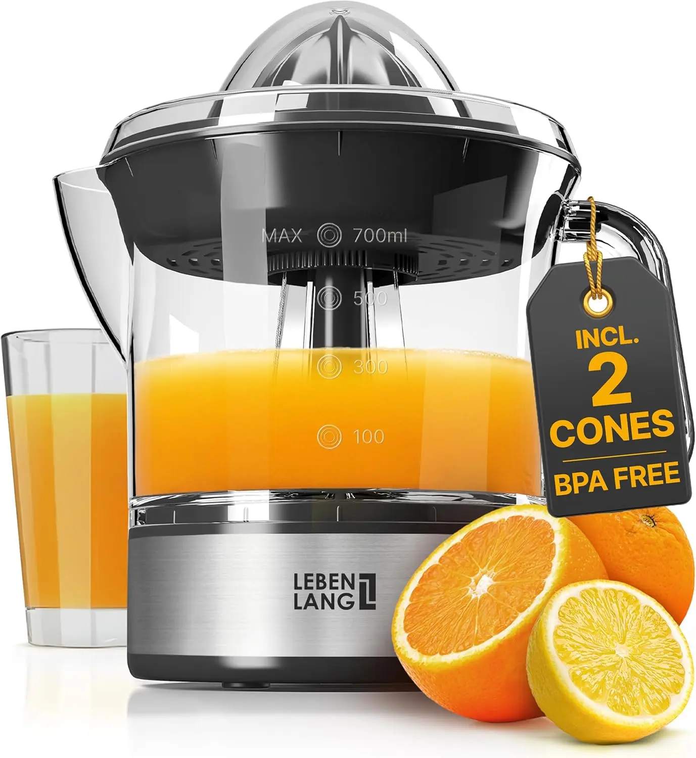 LEBENLANG Orange Juicer Electric - 2 cones & BPA-free I High juice yield & Large Volume I 24oz Lemon Juicer Squeezer I Electric Citrus Juicer Orange Juice Press Juicers Exprimidor De Naranjas Limones