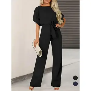 Women's Plain Cut Out Tie Front Batwing Sleeve Jumpsuit, Casual Simple Short Sleeve Straight Leg Jumpsuit for Summer, Fashion Women's Jumpsuit for Daily Wear