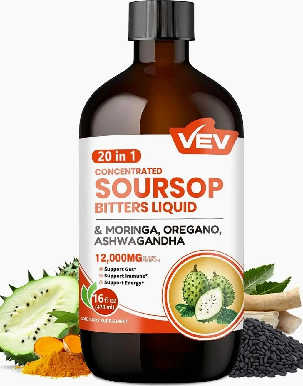 VEV Soursop Bitters Liquid with Graviola Extract – 20 in 1 Herbal Blend with Black Seed, Moringa & Oregano – 16 fl oz