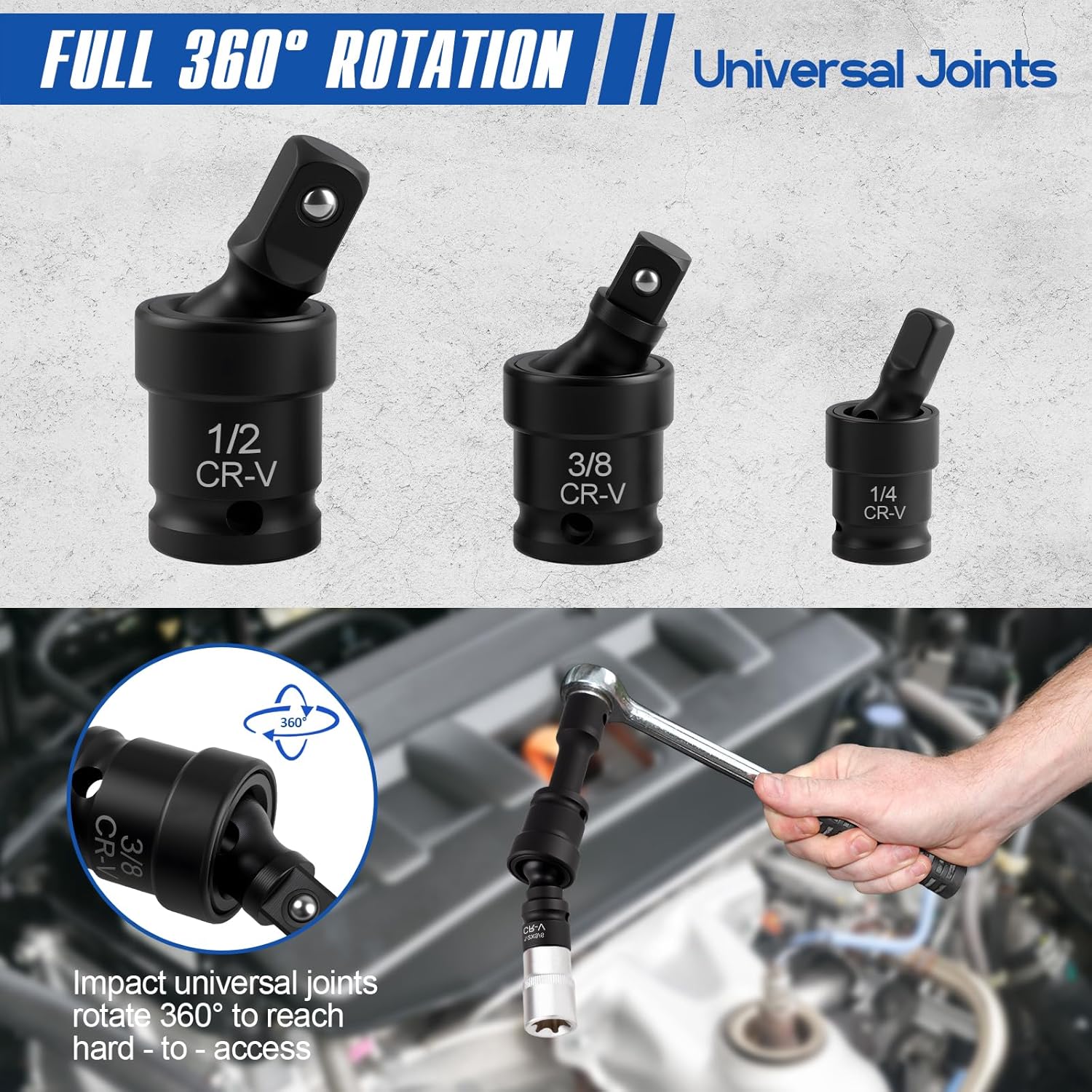 18-piece Impact Socket Extension Set Tools, Swivel Universal Joint, Deep 1/4", 3/8", 1/2" Drive Socket Adapter, Extension Bar, 3 Ratchet Coupler, CR-V Steel Alloy Corrosion-Resistant Mechanic extension handle  car home repair hand tool