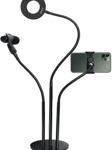 Phone Stand with Selfie Light and Mic Holder 3-In-1